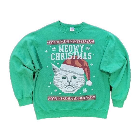 Jerzees Grumpy Cat Meowy Christmas Sweatshirt Unisex Green Size Large Holiday - Picture 1 of 8
